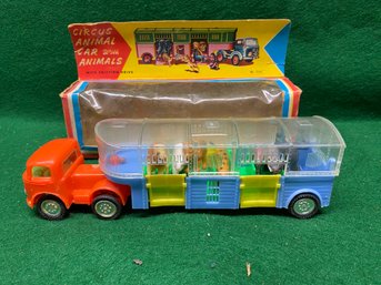 Vintage Toy Circus Animal Car With Animals In Original Box. Friction Drive. Mercedes Cab. Made In Hong Komg.