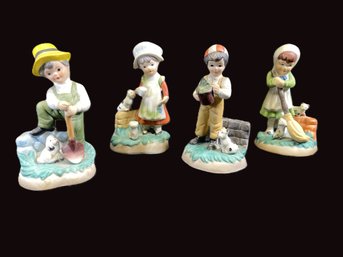 Four Ceramic Figurines-Boy With Shovel, Girl With Broom & Others