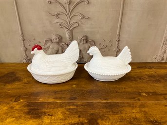 Lovely Vintage Milk Glass Lidded Bowls Set/2