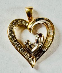 BEAUTIFUL 10K GOLD DIAMOND MOTHER AND CHILD HEART PENDANT