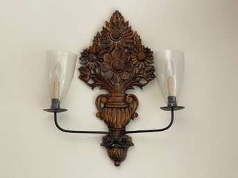 A PAIR Of Wood And Wrought Iron Two- Arm Carved Urn Shape Wall Sconces