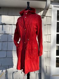 A Tomato Red Suede Hooded Trench Style Coat By Michaels Kors - Sz M