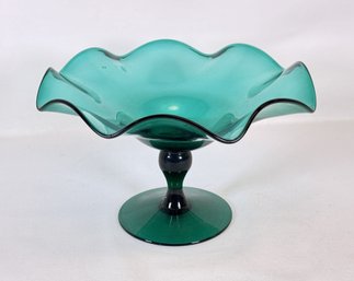 10' Green Glass Ruffled Pedestal Candy Dish