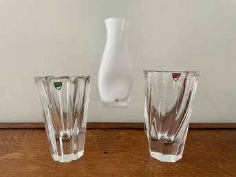 Three Orrefors Glass & Crystal Vases Including 'Squeese' Designed By Lena Bergstrom