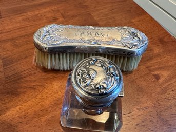 Two Sterling Silver Brushes And Beautiful Sterling Inkwell