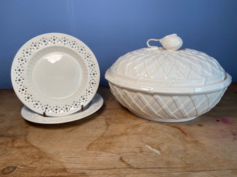 Hartley, Greens & Leeds Pottery England Ceramic Basket Weave Lidded Bowl And 2 Pierced Plates 7in