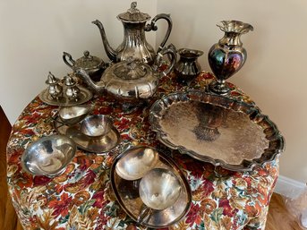Table Lot Of Plated Silver - Tea Set, Serving Bowls, Vase, Etc.