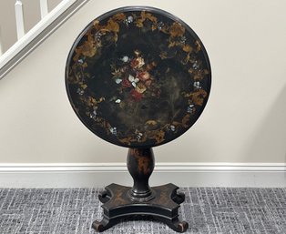 Mid 20th Century Ebonised Tilt Top Round Table With Abalone Inlay