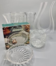 Glass Decanter, 3 Vases & 2 Crystal Bowls, I New In Box By Blarney