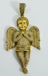 LARGE GOLD TONE WHITE STONE PRAYING ANGEL PENDANT