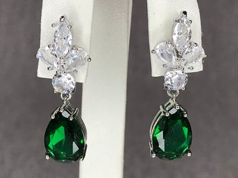 Fabulous Sterling Silver / 925 Drop Earrings With Tsavorite And Sparkling White Zircons - Expensive Look !