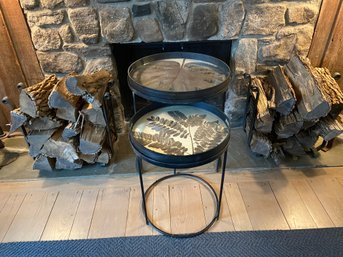 Pair Of Round Nesting Tables With Botanical Leaf Decorated Removable Tray Tops