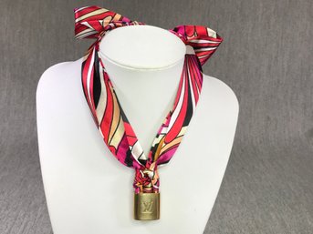 (1 Of 2) - Genuine Brass LOUIS VUITTON Lock Necklace On Designer Style Scarf - Very Pretty Piece - WOW !