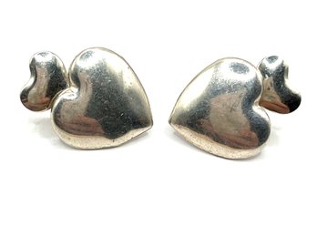 Beautiful Mexican Sterling Silver Flat Heart Earrings