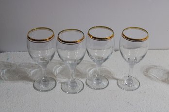 Set Of 4 Gold Double Ring Wine Glasses