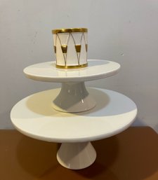 Two White Ceramic Cordon Bleu Cake Stands Paired With Portuguese Drum  Trinket Dish