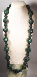 Vintage 1980s Plastic Green And Black Beaded Necklace 30' Long