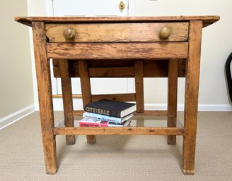Rustic Side Table With Drop Leaf And Glass Shelf