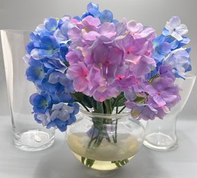 Faux Hydrangea Affixed In Glass Vase & 2 Other Glass Vases