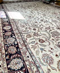 A Vintage Wool Indo Persian 18' X 10' Rug - Cream Background Blue Border