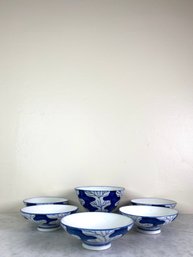 Blue And White Ceramic Footed Miso Soup Bowls Set