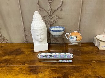 Buddha Statue, Asian Bowl, Noritake Vintage Lustreware Mustard Jar & Neiman Marcus Pen Tray  Letter Opener