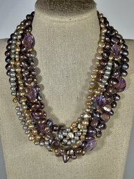 Jaded Signed Genuine Pearls Amethyst Gemstone Beaded Necklace