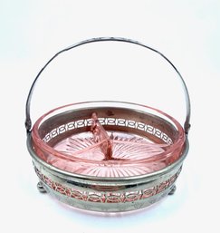 Vintage Pink Depression Glass Divided Dish In Chrome Caddy