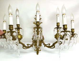 Vintage Brass And Crystal Wall Sconce Light