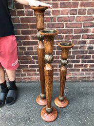 Three Very Large All Hand Carved Teak Candlesticks / Candle Holders - Could Probably Used For Plants As Well