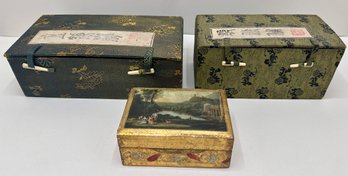 2 Vintage Cloth Covered Asian Boxes & Decoupage Trinket Box