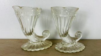 Pair Of Vintage Jeannette Glass Cornucopia Bud Vases