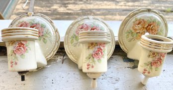 Trio Of Beautiful Antique Porcelain Wall Lamp Sconces W Blue, Pink, Peach & Yellow Flowers With Gold Accents