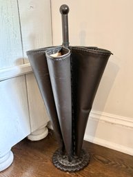 Midcentury Modern Cast Iron & Saddle Leather Umbrella Stand/Holder