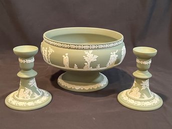 Wedgewood Green Jasperware 8.5'D Pedestal Bowl And Candlesticks