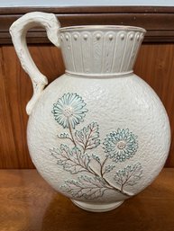 Vintage 1930's Era Majolica Avalon Faience Large Ceramic Pitcher Chrysanthemum Relief Pattern