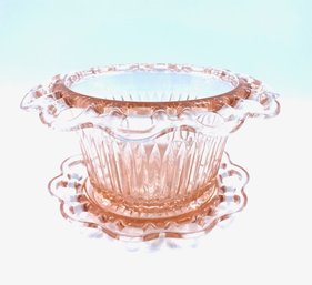 Vintage Lace Edge Pink Depression Glass Flower Bowl Planter W/ Under Plate By Anchor Hocking