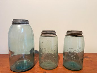 Three Green Mason Jars- Hazel Atlas & Ball