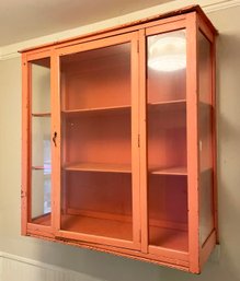 A Vintage Painted Wood Wall Mount Cabinet With Glass Doors