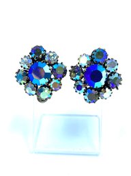 Stunning Vintage Blue A.B. Rhinestone Button Earrings