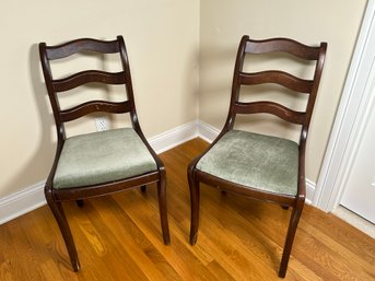 Two Antique Ladder Back Green Upholstered Chairs