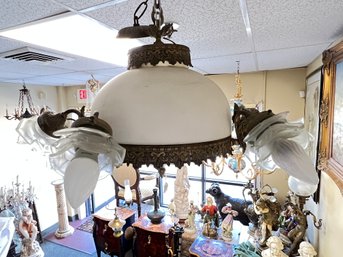 Brassed Metal And Milk Glass Chandelier