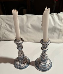 Pair Of Hand Painted Candlesticks Portugal