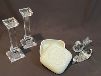 Elegant Home Decor Grouping - Tiffany Box, Villeroy & Boch Crystal Candlesticks And Glass Paperweights