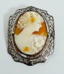 VINTAGE STERLING SILVER CARVED SHELL CAMEO FILIGREE SETTING BROOCH, SIGNED