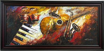 A Large Oil On Canvas, Jazz Musical Instrument Themed, Signed R. Wilcox