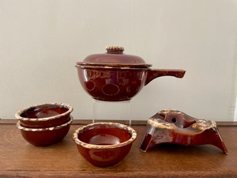 Hull Pottery USA Brown Drip Glazed Covered Baker, Bowls & Ashtray