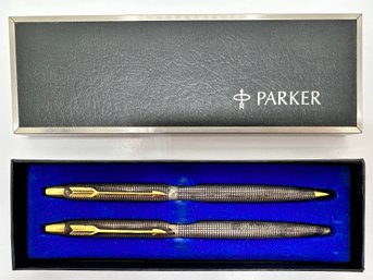 Vintage Parker Sterling Silver With Gold Accents Ballpoint Pen & Mechanical Pencil Boxed Set