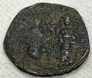 Ancient BYZANTINE CONSTANTINE X BRONZE COIN- Bishop With Cross And Jesus Christ