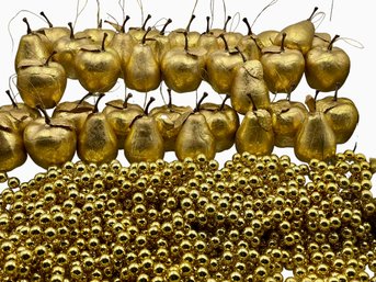 Gilded Apple & Pear Ornaments With Leaves & Strands Of Gold Beads.